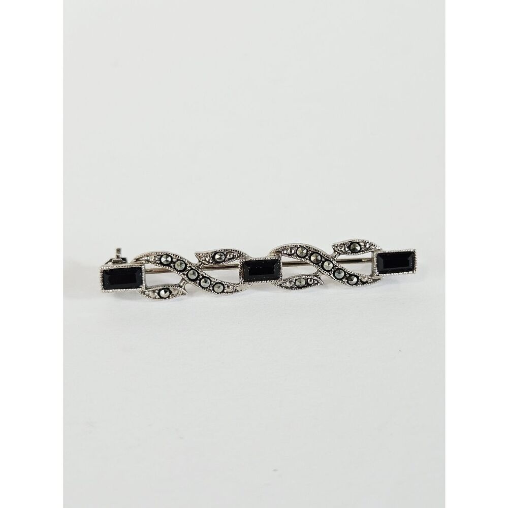 Vintage 1928 Art Deco Marcasite Onyx Black Rhinestone Silver Tone Bar Brooch Pin